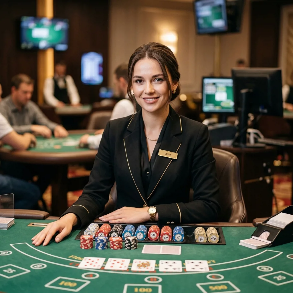 Дилер София за столом покера Texas Hold'em