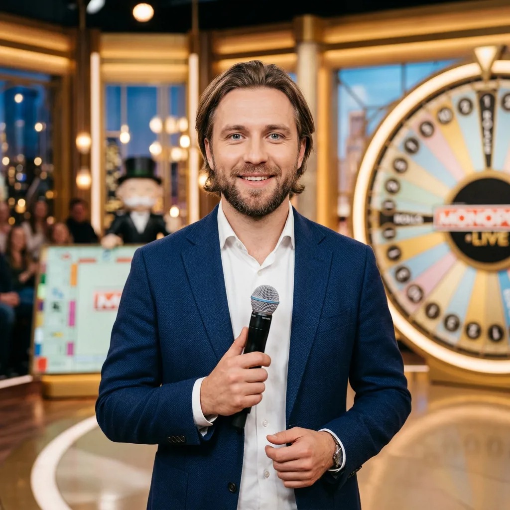 Ведущий шоу Monopoly Live с игровым полем